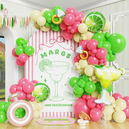 Margs and Matrimony Bachelorette Party Decorations 137Pcs Green and Flamingo Red Balloons Garland with Lemon, Margarita Glass, Diamond Ring Foil Balloons for Bridal Shower Birthday Party Supplies