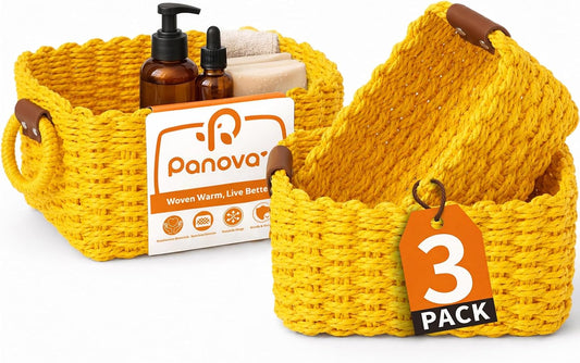 Storage Basket, Recycled Paper Rope Basket Organizer, 3Pcs Small Baskets for Organizing, Mini wicker Basket for Decorative Storage Bins, Shelves, Cabinet - Yellow