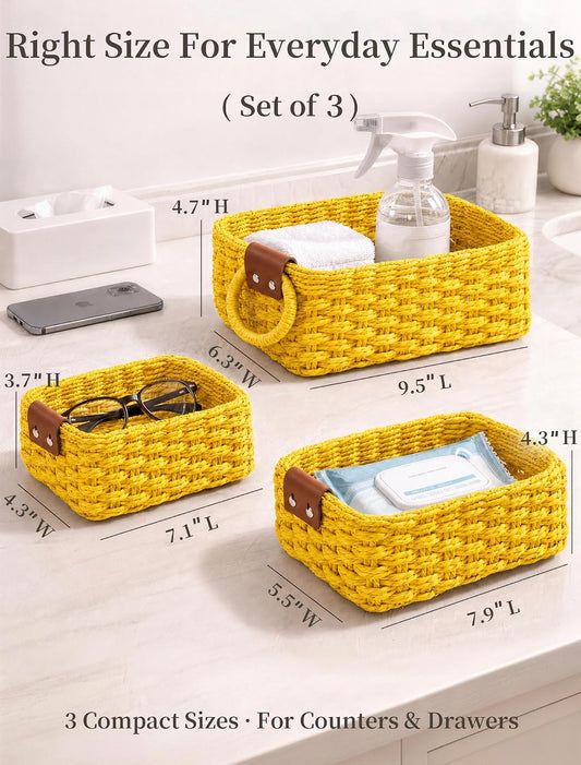 Storage Basket, Recycled Paper Rope Basket Organizer, 3Pcs Small Baskets for Organizing, Mini wicker Basket for Decorative Storage Bins, Shelves, Cabinet - Yellow