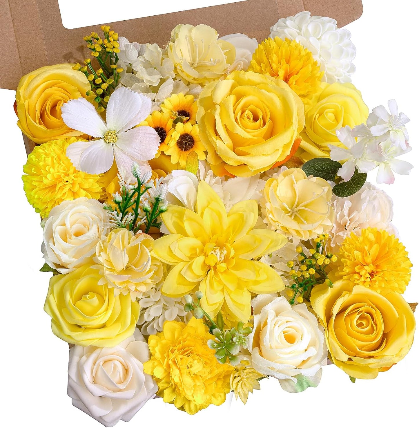 Artificial Flower Box Set Faux Flowers Fake Roses with Stems for DIY | Silk Yellow Flowers for DIY Wedding Bouquets Bridal Shower Centerpieces Arrangements Party Tables Decorations
