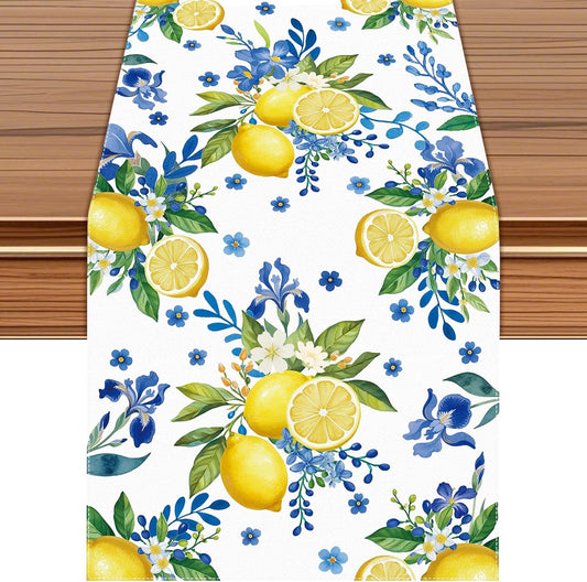 Lemon and Blue Floral Table Runner, 48 x 13 inches | Linen Texture Fabric, Easy Care Machine Washable, Fade Resistant Colors, Perfect for Spring Summer Dining Decor