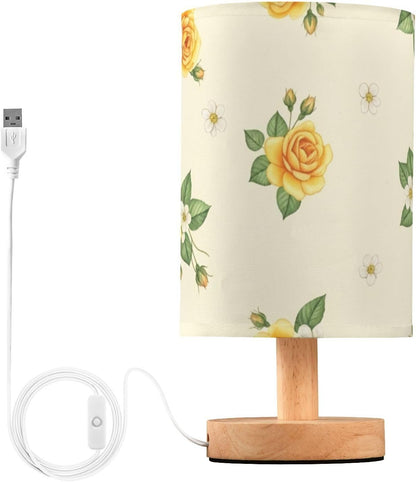 Yellow Flowers Bedside Table Lamp with USB Ports, LED Nightstand Desk Lamp with Flaxen Fabric Shade & Wood Base for Bedroom, Living Room,Office Dorm