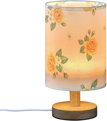 Yellow Flowers Bedside Table Lamp with USB Ports, LED Nightstand Desk Lamp with Flaxen Fabric Shade & Wood Base for Bedroom, Living Room,Office Dorm