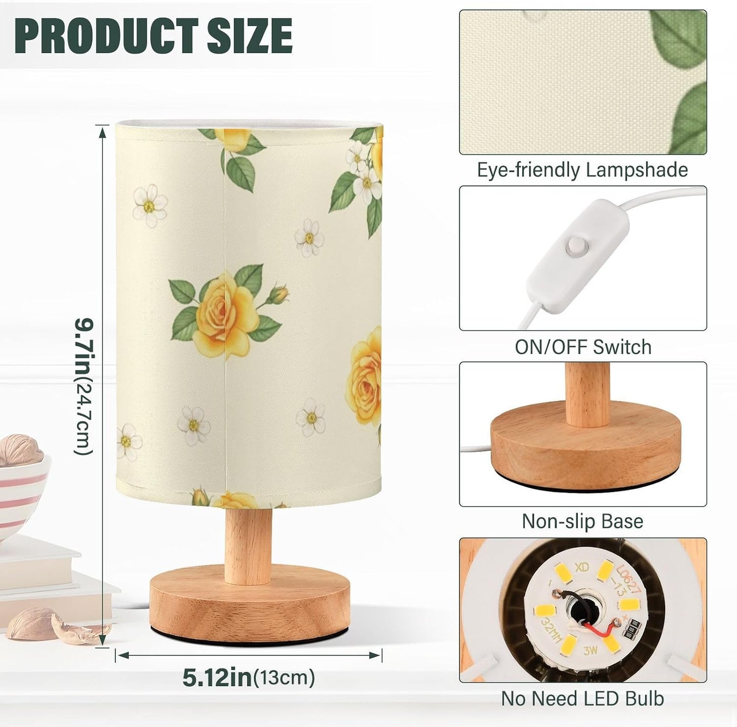 Yellow Flowers Bedside Table Lamp with USB Ports, LED Nightstand Desk Lamp with Flaxen Fabric Shade & Wood Base for Bedroom, Living Room,Office Dorm