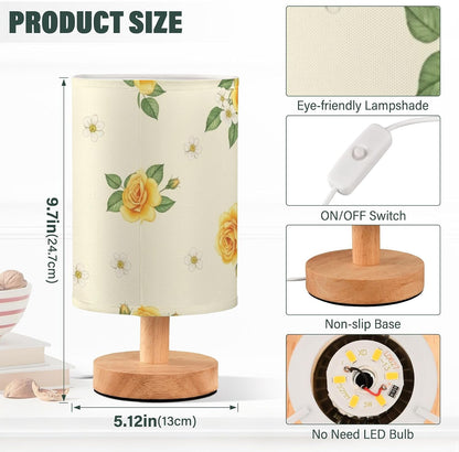 Yellow Flowers Bedside Table Lamp with USB Ports, LED Nightstand Desk Lamp with Flaxen Fabric Shade & Wood Base for Bedroom, Living Room,Office Dorm