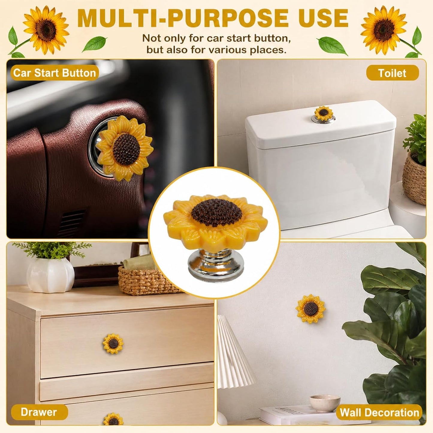 LKTEE Yellow Sunflower Push Start Button Cover, Cute Car Decor | Flower push start button cover for car interiors, adding cute floral style to ignition buttons and daily drives.