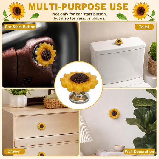 LKTEE Yellow Sunflower Push Start Button Cover, Cute Car Decor | Flower push start button cover for car interiors, adding cute floral style to ignition buttons and daily drives.