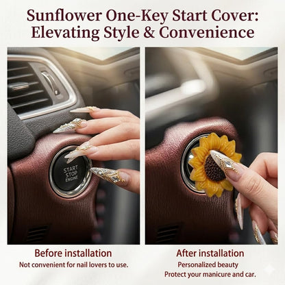 LKTEE Yellow Sunflower Push Start Button Cover, Cute Car Decor | Flower push start button cover for car interiors, adding cute floral style to ignition buttons and daily drives.