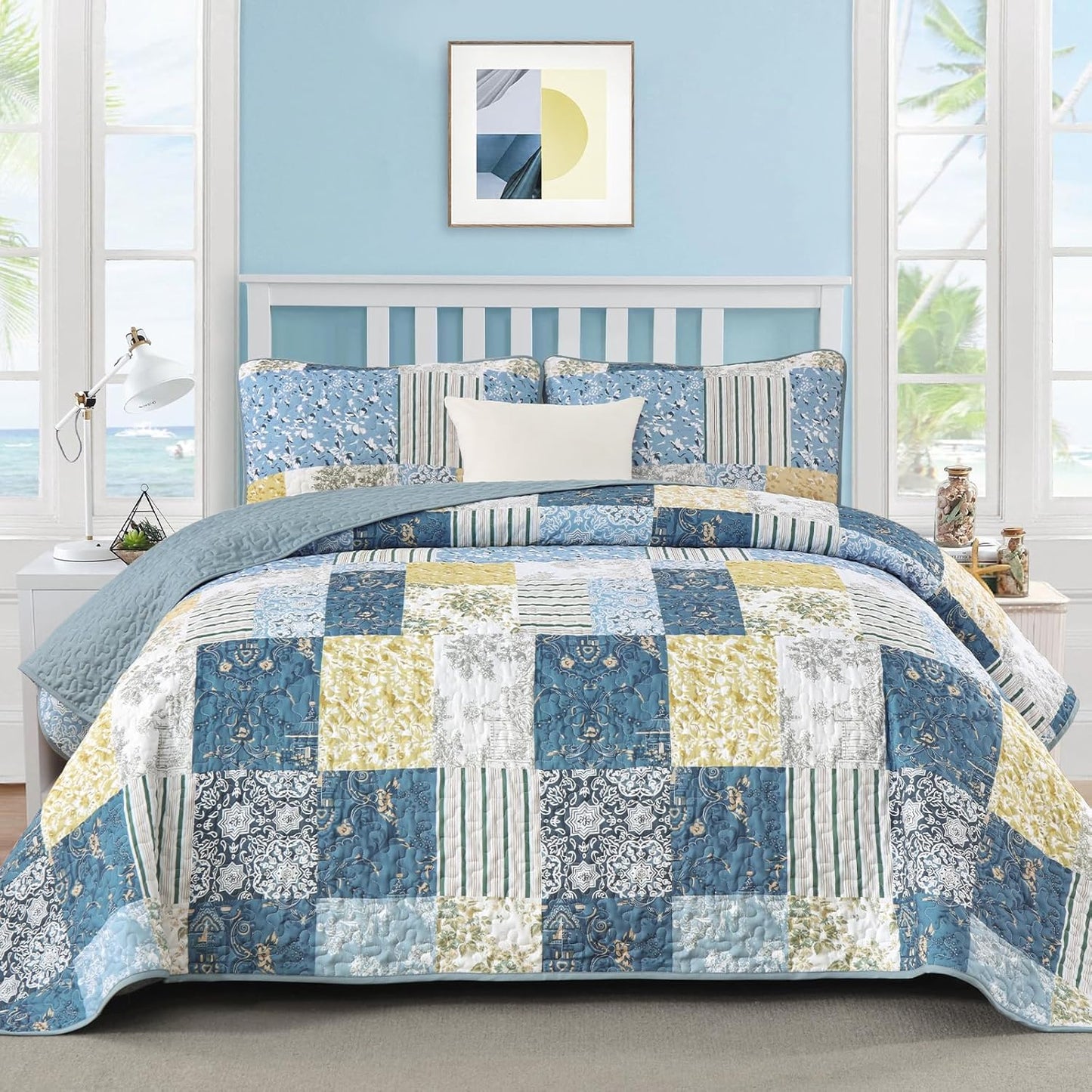 Quilt Set King Size, Blue Yellow Patchwork Pattern Summer Bedspread Bedding Set, 3 Pieces Soft Chic Plaid Coverlet with 2 Pillow Shams for All Season 104x90 Inch