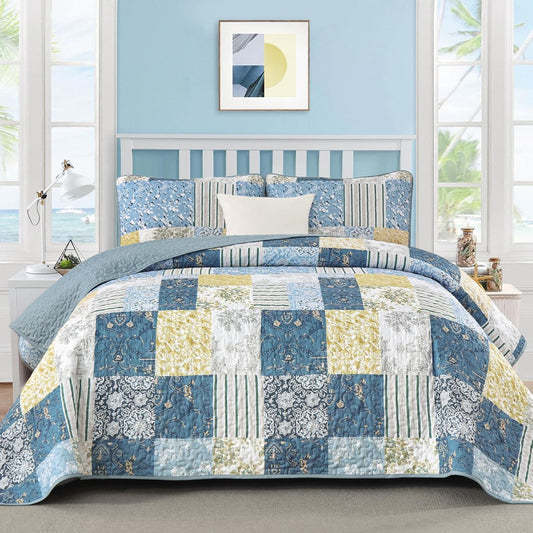 Quilt Set King Size, Blue Yellow Patchwork Pattern Summer Bedspread Bedding Set, 3 Pieces Soft Chic Plaid Coverlet with 2 Pillow Shams for All Season 104x90 Inch