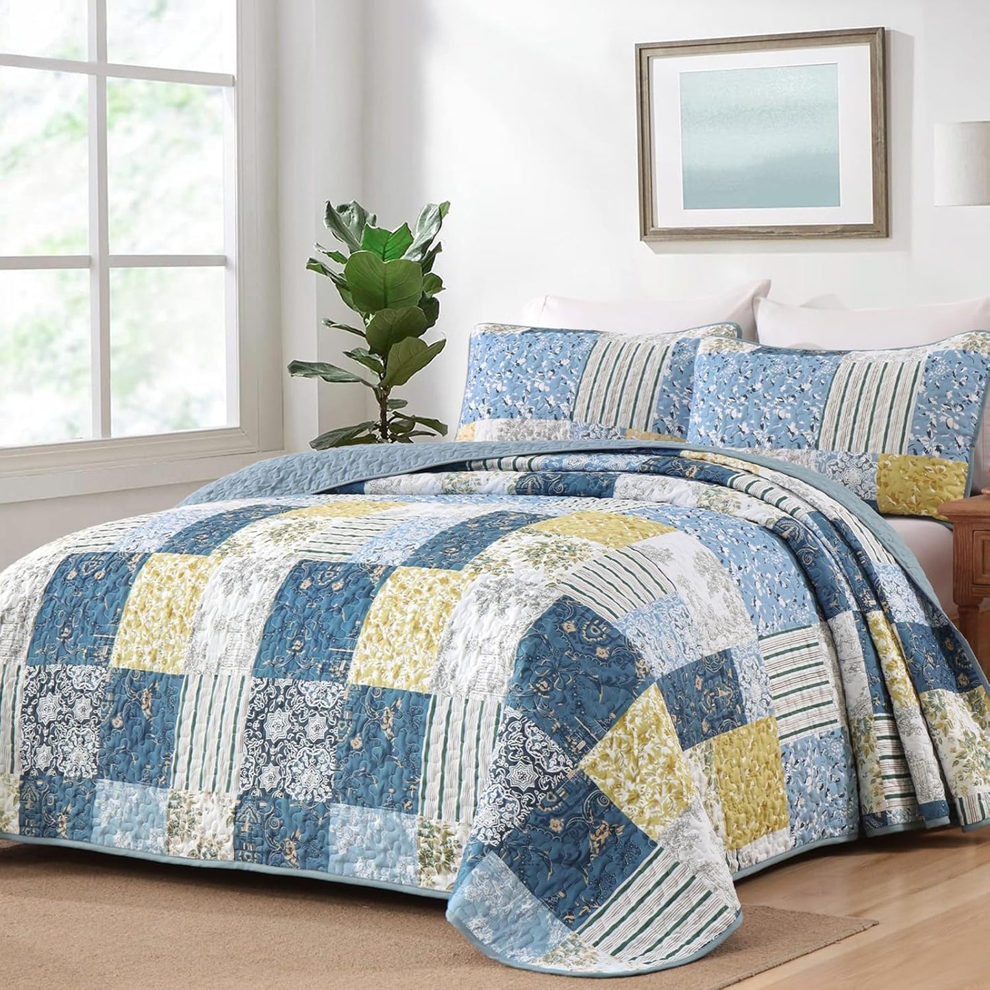 Quilt Set King Size, Blue Yellow Patchwork Pattern Summer Bedspread Bedding Set, 3 Pieces Soft Chic Plaid Coverlet with 2 Pillow Shams for All Season 104x90 Inch