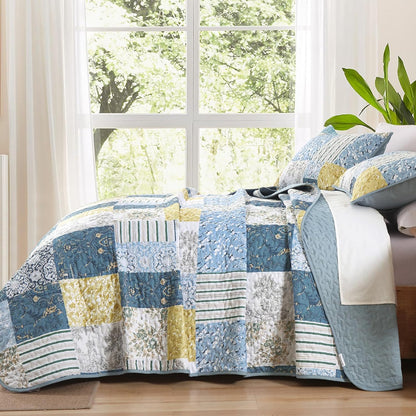 Quilt Set King Size, Blue Yellow Patchwork Pattern Summer Bedspread Bedding Set, 3 Pieces Soft Chic Plaid Coverlet with 2 Pillow Shams for All Season 104x90 Inch