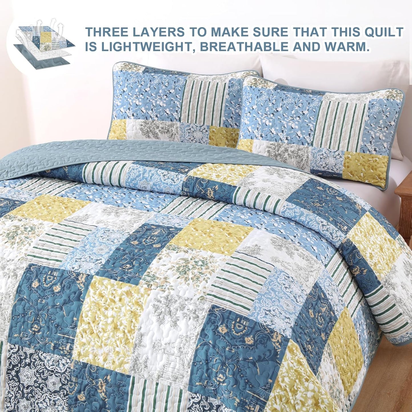 Quilt Set King Size, Blue Yellow Patchwork Pattern Summer Bedspread Bedding Set, 3 Pieces Soft Chic Plaid Coverlet with 2 Pillow Shams for All Season 104x90 Inch