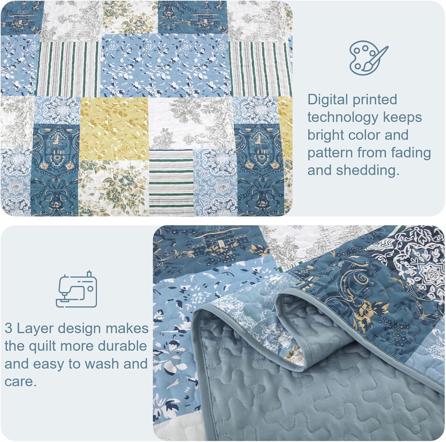 Quilt Set King Size, Blue Yellow Patchwork Pattern Summer Bedspread Bedding Set, 3 Pieces Soft Chic Plaid Coverlet with 2 Pillow Shams for All Season 104x90 Inch