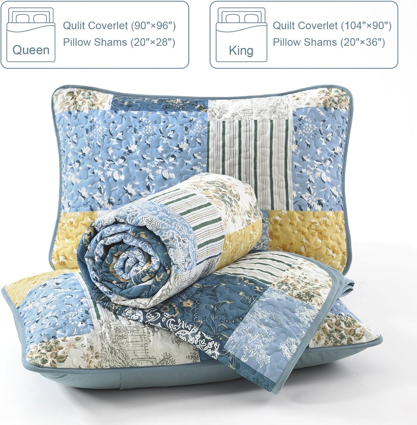 Quilt Set King Size, Blue Yellow Patchwork Pattern Summer Bedspread Bedding Set, 3 Pieces Soft Chic Plaid Coverlet with 2 Pillow Shams for All Season 104x90 Inch