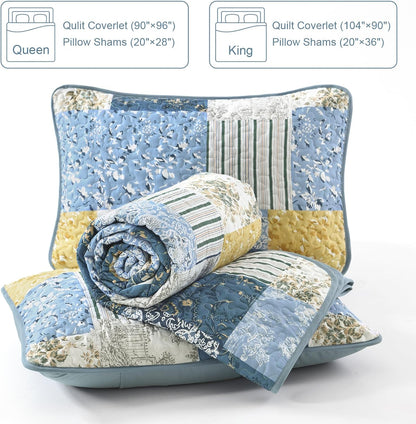 Quilt Set King Size, Blue Yellow Patchwork Pattern Summer Bedspread Bedding Set, 3 Pieces Soft Chic Plaid Coverlet with 2 Pillow Shams for All Season 104x90 Inch