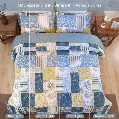 Quilt Set King Size, Blue Yellow Patchwork Pattern Summer Bedspread Bedding Set, 3 Pieces Soft Chic Plaid Coverlet with 2 Pillow Shams for All Season 104x90 Inch