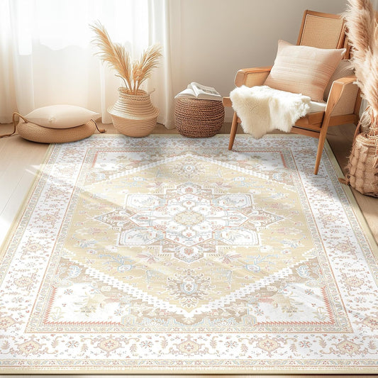 5x7 Area Rugs for Living Room Washable Non Slip Carpet Low Pile Soft Vintage Print Pattern Rug for Bedroom Dining Room Kitchen Entryway Indoor-Cream/Light Yellow/Brown/Blue/Red/Pink