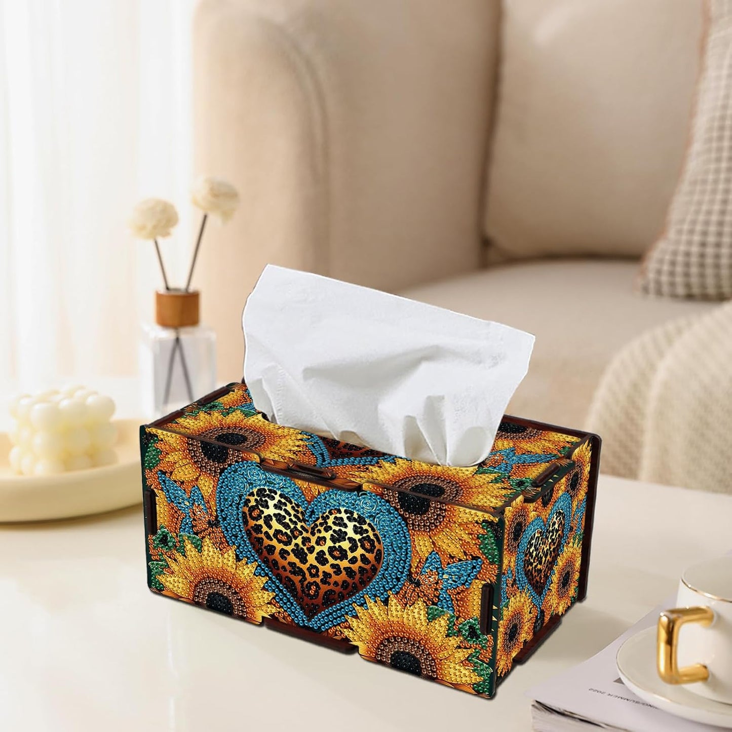 Sunflower Diamond Art Tissue Box, DIY Rectangular Portable Office Mosaic Diamond Decoration Desk Tissue Box, Paper Storage Holder Napkin Holder Adult Family