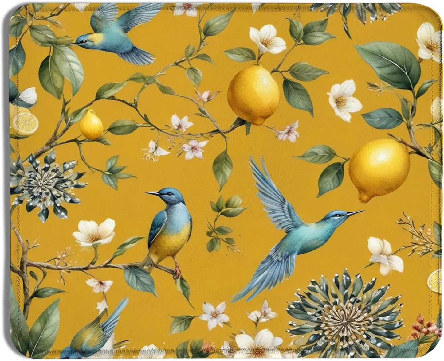 Chinoiserie Blue Bird Lemon Blossom Mouse Pad, Mediterranean Summer Citrus Lemon Fruit Mousepad for Computers Laptop Home Office Dorm Desk Accessories, 7.9x9.5 Inch