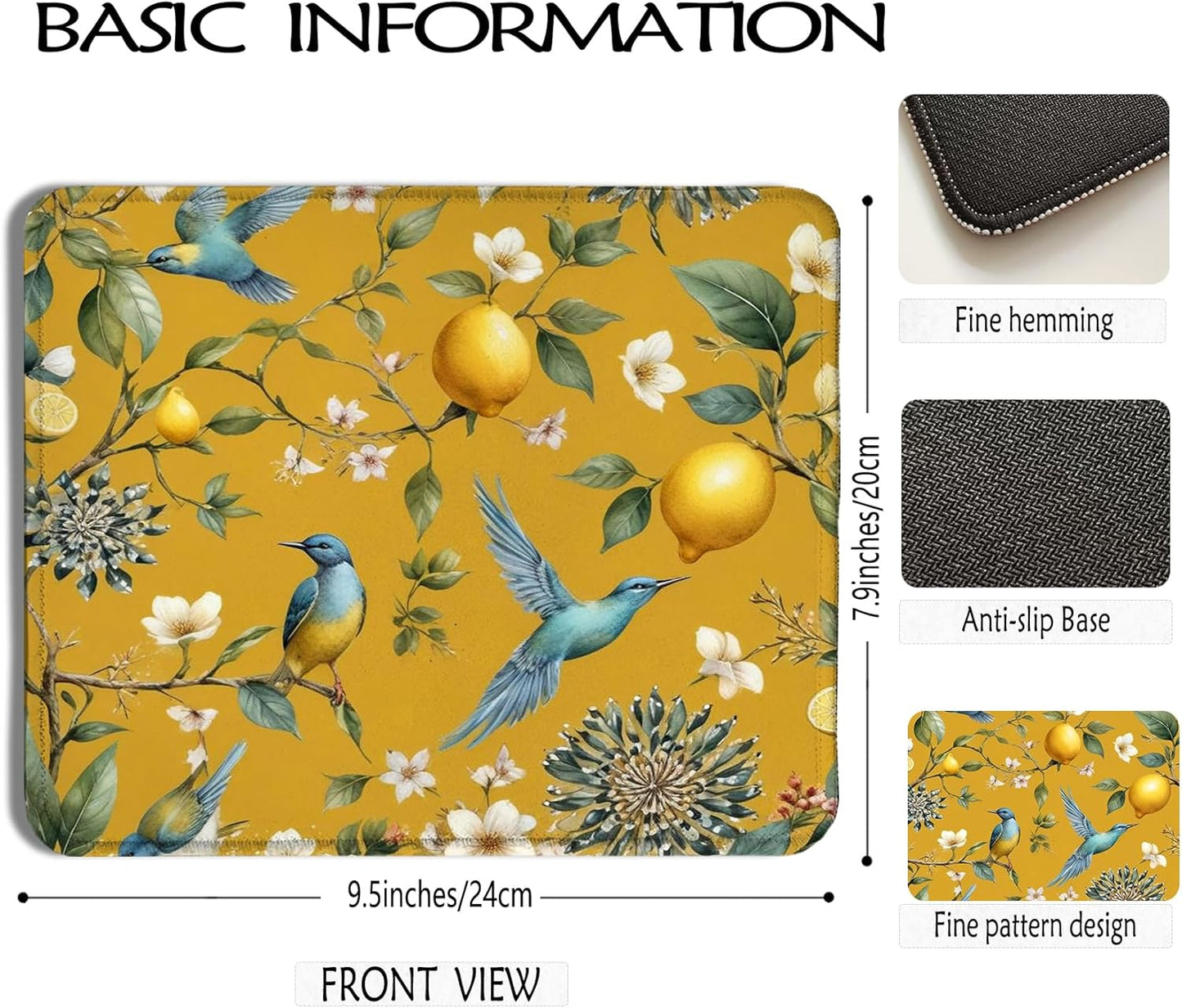Chinoiserie Blue Bird Lemon Blossom Mouse Pad, Mediterranean Summer Citrus Lemon Fruit Mousepad for Computers Laptop Home Office Dorm Desk Accessories, 7.9x9.5 Inch