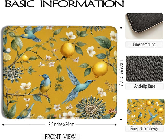 Chinoiserie Blue Bird Lemon Blossom Mouse Pad, Mediterranean Summer Citrus Lemon Fruit Mousepad for Computers Laptop Home Office Dorm Desk Accessories, 7.9x9.5 Inch