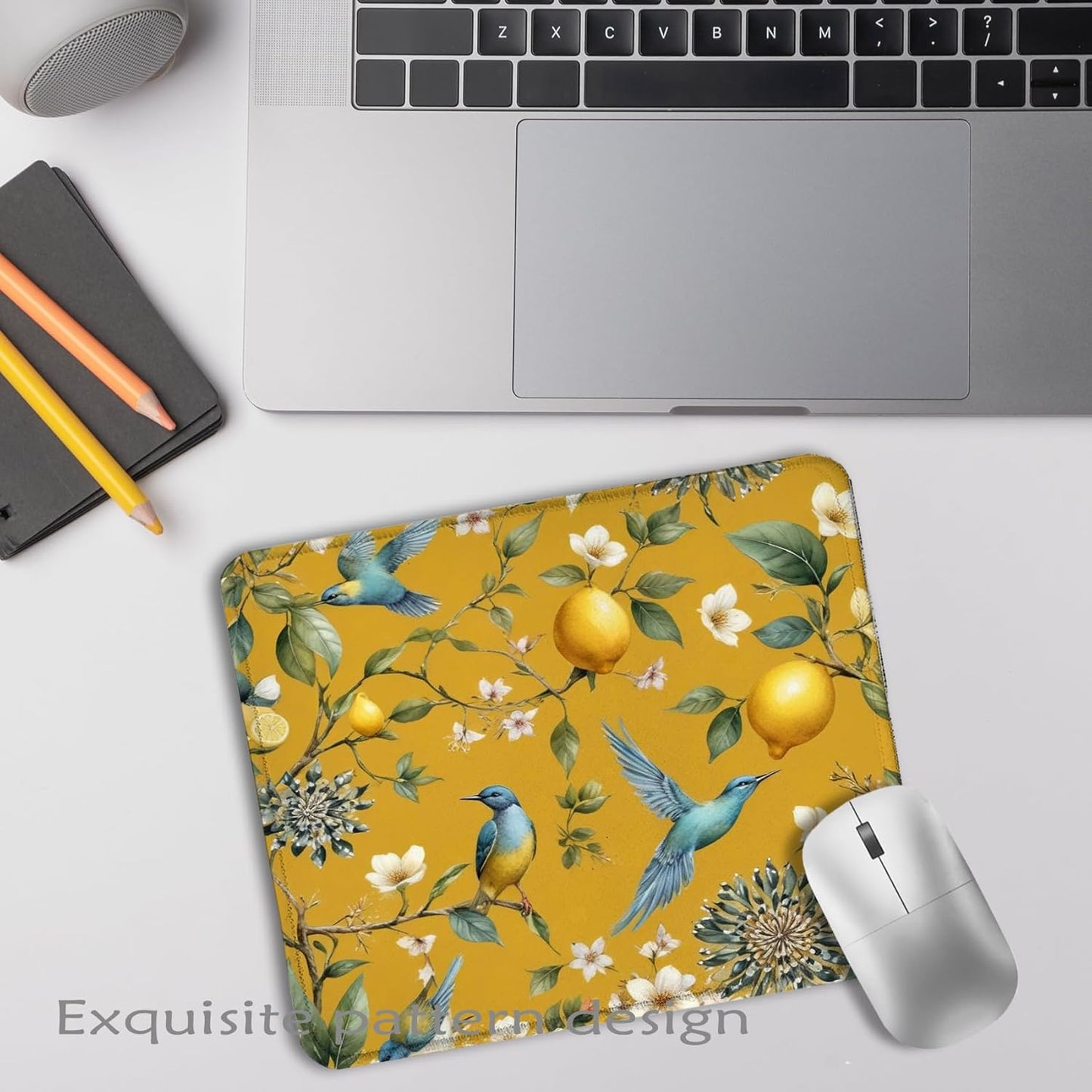 Chinoiserie Blue Bird Lemon Blossom Mouse Pad, Mediterranean Summer Citrus Lemon Fruit Mousepad for Computers Laptop Home Office Dorm Desk Accessories, 7.9x9.5 Inch