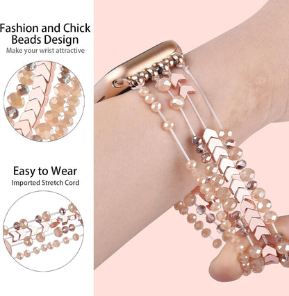 Beaded Band for Women Compatible with Apple Watch 38mm 40mm 41mm 42mm, Fashion Crystal Elastic Straps Wristbands for iWatch Bands Series 11/10/9/8/7/SE/6/5/4/3/2/1 (Rose Gold/Yellowish)
