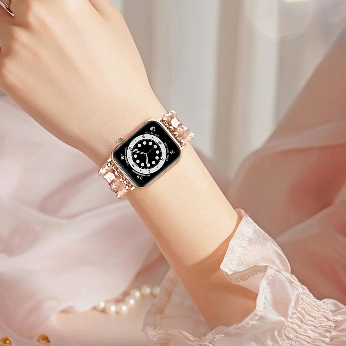 Beaded Band for Women Compatible with Apple Watch 38mm 40mm 41mm 42mm, Fashion Crystal Elastic Straps Wristbands for iWatch Bands Series 11/10/9/8/7/SE/6/5/4/3/2/1 (Rose Gold/Yellowish)