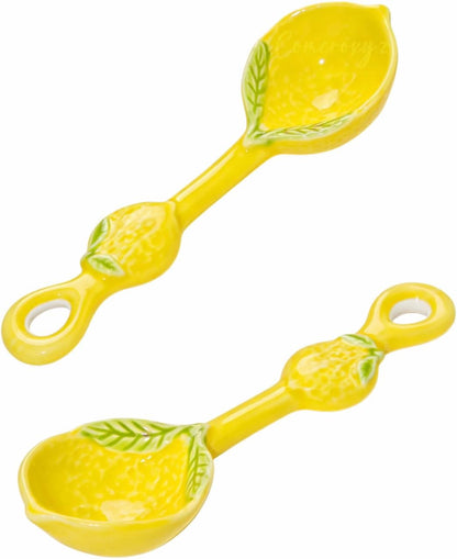 Lemon Ceramic Spoon for Stove Top & Kitchen Counter, Cute Lemon Accessories for Countertop, Dishwasher Safe for Salad, Fruit, Dessert, Functional Kitchen Decor Gift,2PCS