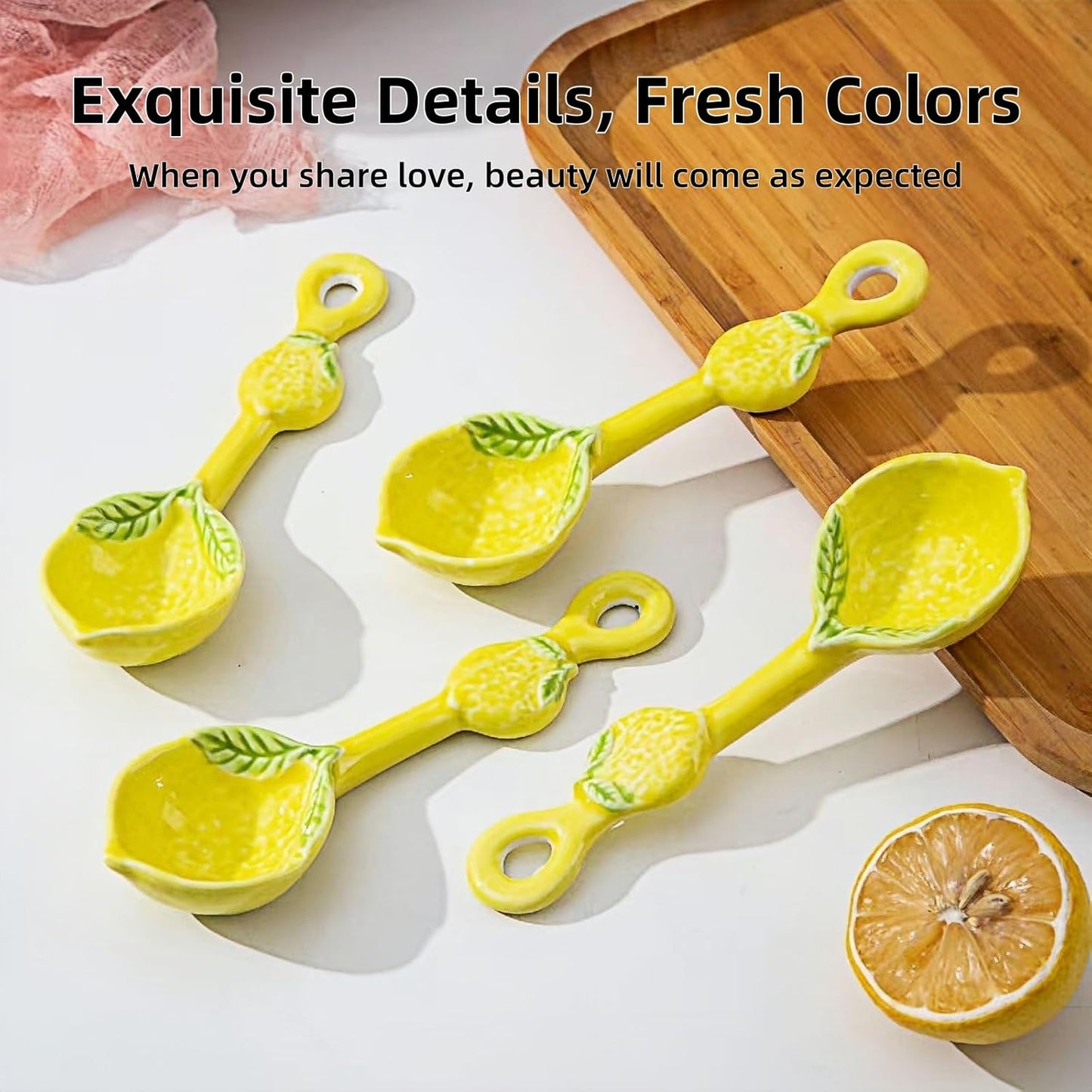 Lemon Ceramic Spoon for Stove Top & Kitchen Counter, Cute Lemon Accessories for Countertop, Dishwasher Safe for Salad, Fruit, Dessert, Functional Kitchen Decor Gift,2PCS