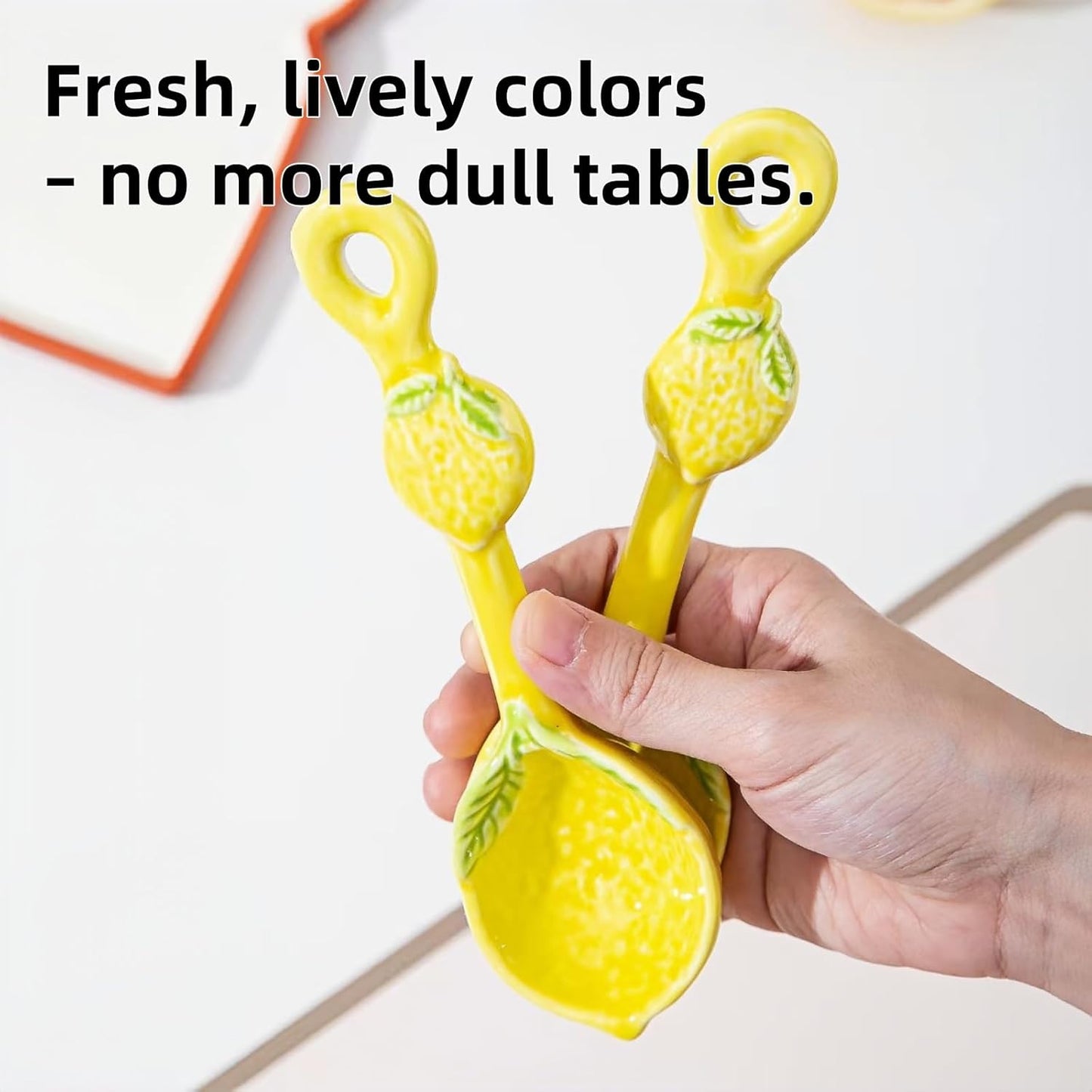 Lemon Ceramic Spoon for Stove Top & Kitchen Counter, Cute Lemon Accessories for Countertop, Dishwasher Safe for Salad, Fruit, Dessert, Functional Kitchen Decor Gift,2PCS