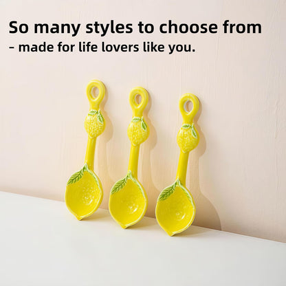 Lemon Ceramic Spoon for Stove Top & Kitchen Counter, Cute Lemon Accessories for Countertop, Dishwasher Safe for Salad, Fruit, Dessert, Functional Kitchen Decor Gift,2PCS