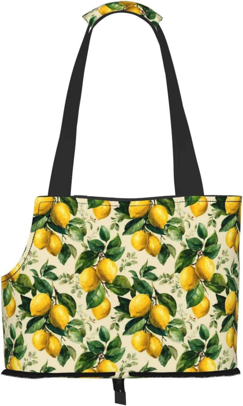 Yellow Lemon Leaves Print Foldable Pet Tote Bag, Shoulder Carrier for Small Dogs and Cats