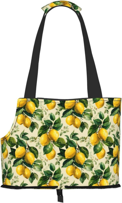 Yellow Lemon Leaves Print Foldable Pet Tote Bag, Shoulder Carrier for Small Dogs and Cats