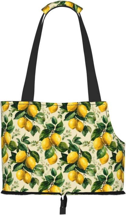 Yellow Lemon Leaves Print Foldable Pet Tote Bag, Shoulder Carrier for Small Dogs and Cats