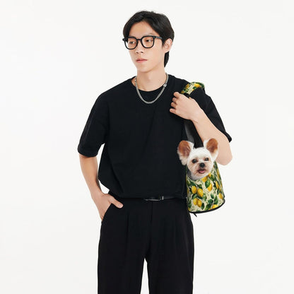 Yellow Lemon Leaves Print Foldable Pet Tote Bag, Shoulder Carrier for Small Dogs and Cats