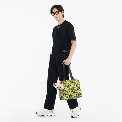 Yellow Lemon Leaves Print Foldable Pet Tote Bag, Shoulder Carrier for Small Dogs and Cats