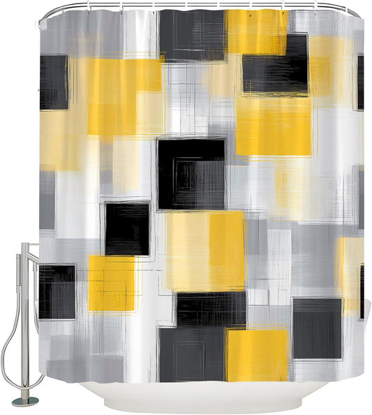 Yellow Geometric Shower Curtain Abstract Modern Mid Century Minimalist Brush Art Bathroom Curtain Decor Fabric with Hook,70x74.8INCH