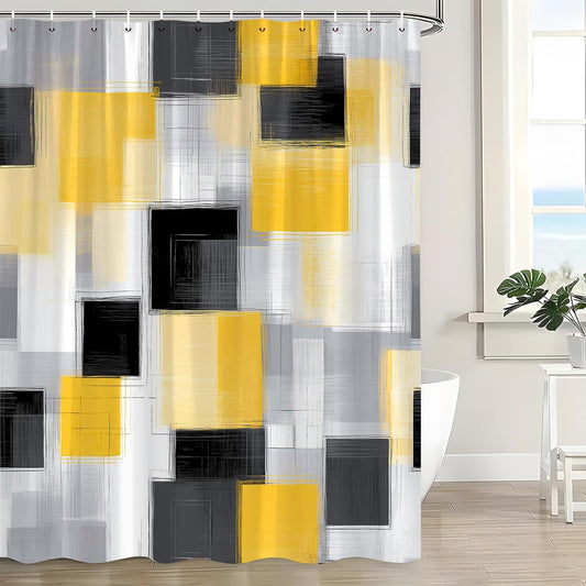 Yellow Geometric Shower Curtain Abstract Modern Mid Century Minimalist Brush Art Bathroom Curtain Decor Fabric with Hook,70x74.8INCH