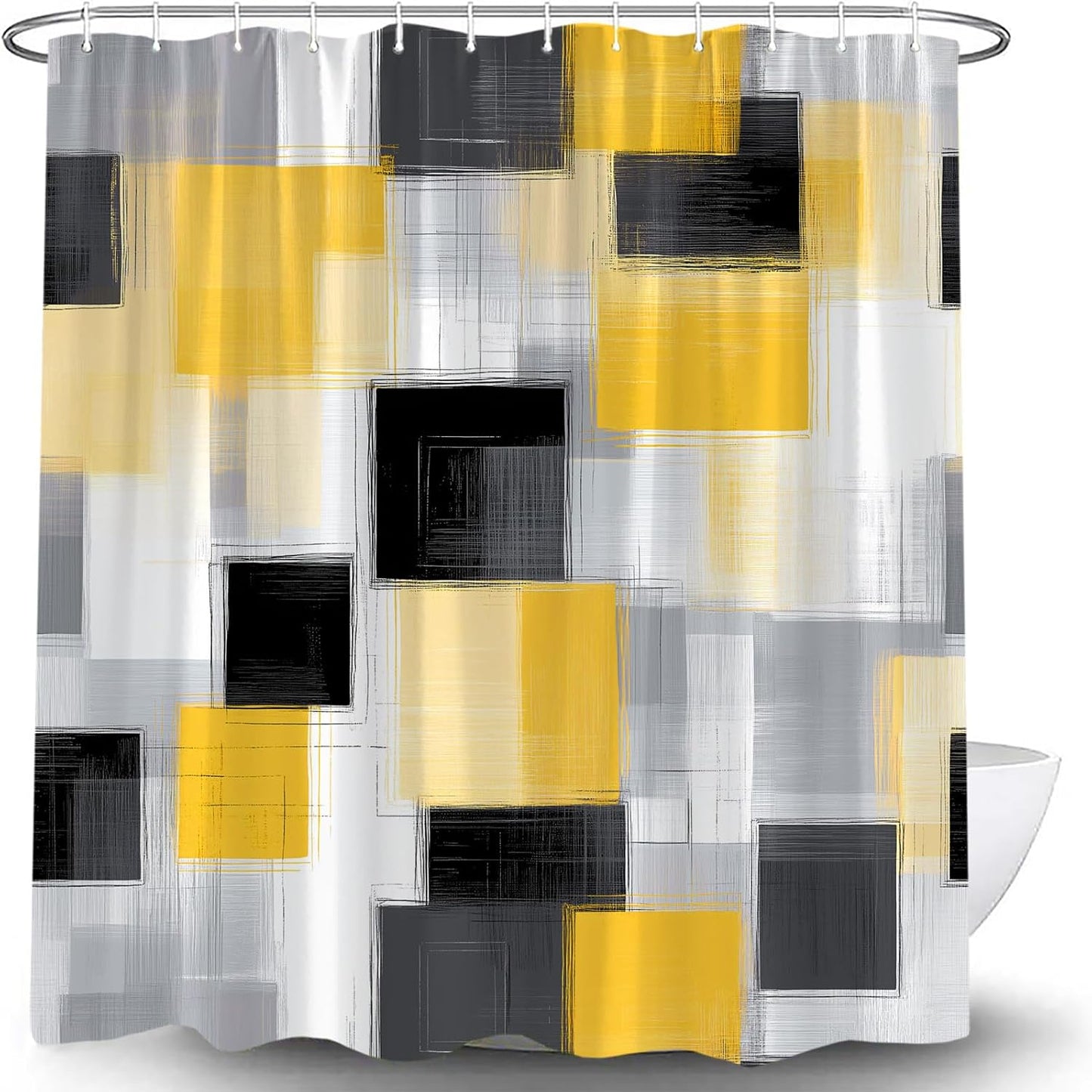 Yellow Geometric Shower Curtain Abstract Modern Mid Century Minimalist Brush Art Bathroom Curtain Decor Fabric with Hook,70x74.8INCH