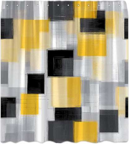 Yellow Geometric Shower Curtain Abstract Modern Mid Century Minimalist Brush Art Bathroom Curtain Decor Fabric with Hook,70x74.8INCH