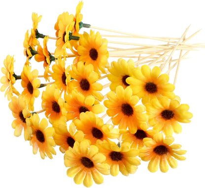 100 Pcs Fancy Toothpicks, 4.7 Inch Cocktail Picks Fancy Sticks for Appetizers, Handmade Bamboo Appetizer Fruit Skewers Food Picks for Wedding Valentines Holiday Decoration(Sunflower)