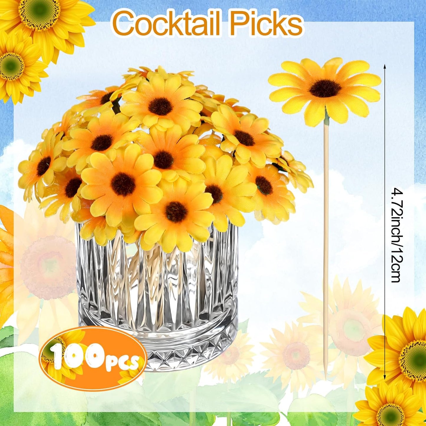 100 Pcs Fancy Toothpicks, 4.7 Inch Cocktail Picks Fancy Sticks for Appetizers, Handmade Bamboo Appetizer Fruit Skewers Food Picks for Wedding Valentines Holiday Decoration(Sunflower)