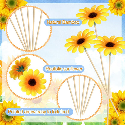 100 Pcs Fancy Toothpicks, 4.7 Inch Cocktail Picks Fancy Sticks for Appetizers, Handmade Bamboo Appetizer Fruit Skewers Food Picks for Wedding Valentines Holiday Decoration(Sunflower)