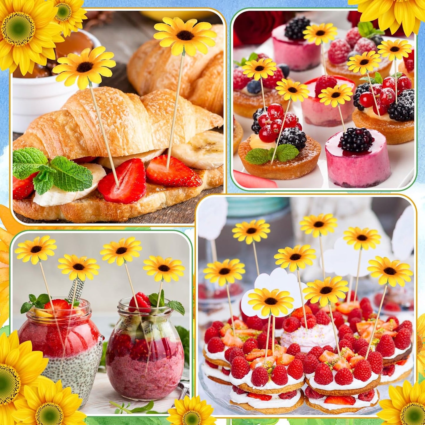 100 Pcs Fancy Toothpicks, 4.7 Inch Cocktail Picks Fancy Sticks for Appetizers, Handmade Bamboo Appetizer Fruit Skewers Food Picks for Wedding Valentines Holiday Decoration(Sunflower)