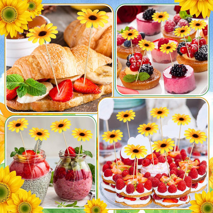 100 Pcs Fancy Toothpicks, 4.7 Inch Cocktail Picks Fancy Sticks for Appetizers, Handmade Bamboo Appetizer Fruit Skewers Food Picks for Wedding Valentines Holiday Decoration(Sunflower)