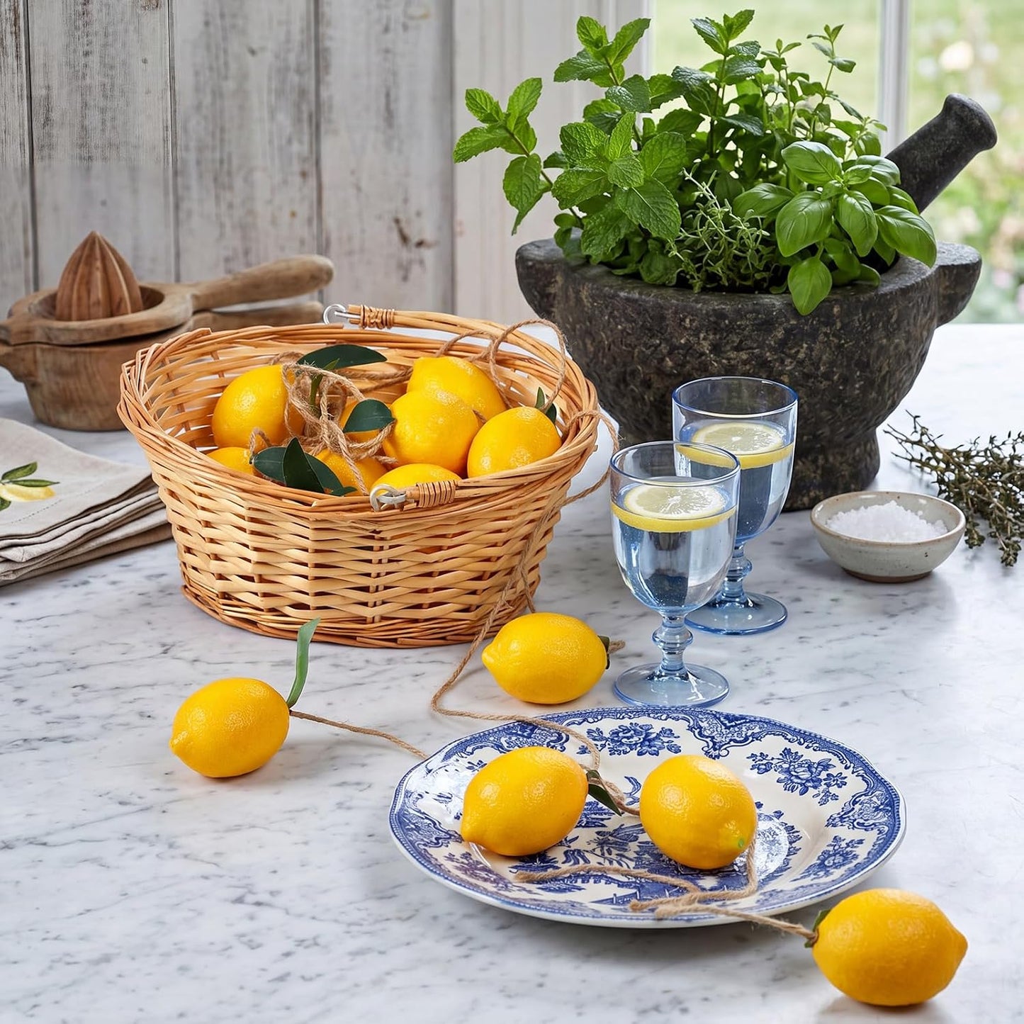 2 Pcs Artificial Lemon Garland Yellow Lemon Hanging Banners Faux Vivid Fruit Vine with Greenery for Spring Summer Wedding Party Door Wall Garden Table Decor Supplies (Yellow)