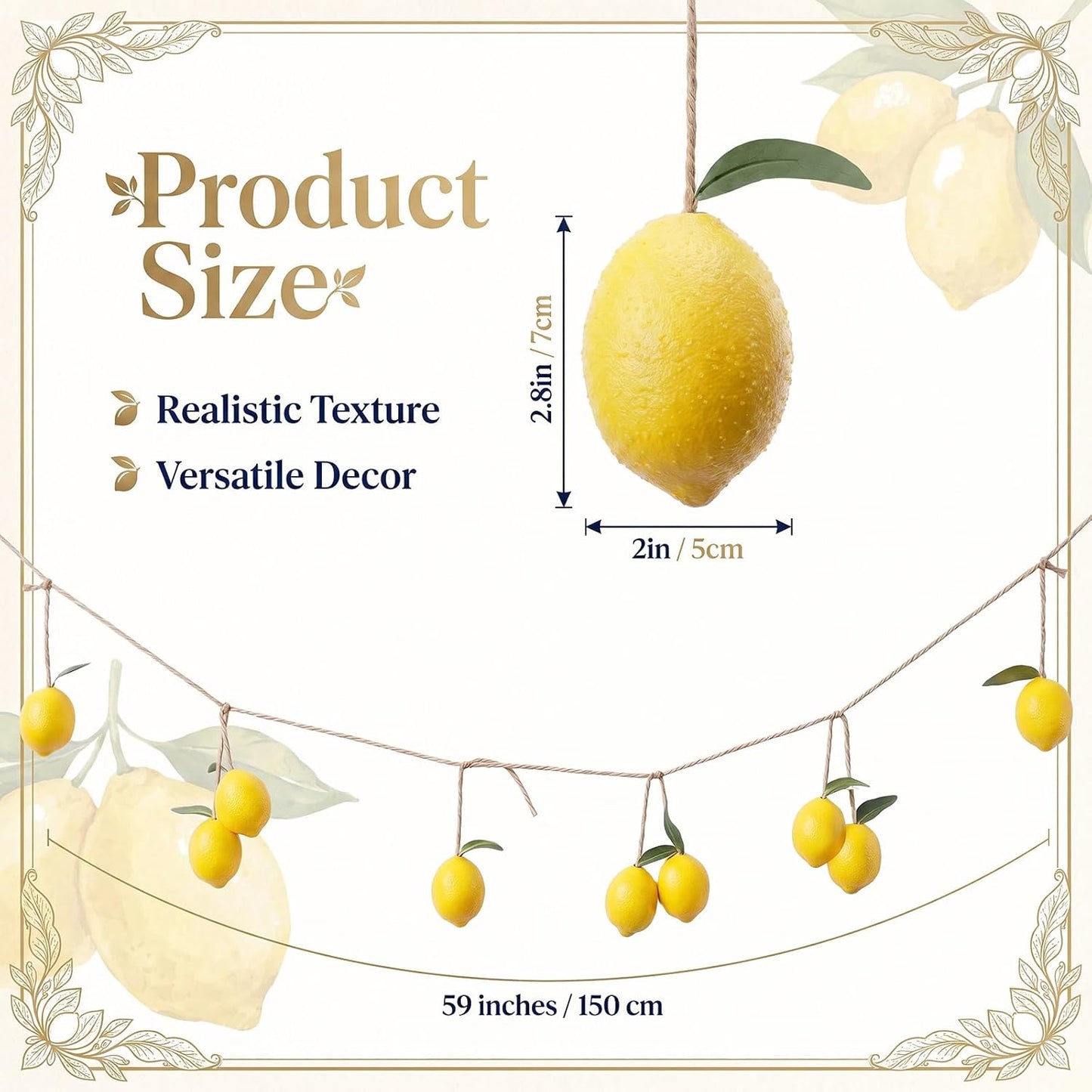 2 Pcs Artificial Lemon Garland Yellow Lemon Hanging Banners Faux Vivid Fruit Vine with Greenery for Spring Summer Wedding Party Door Wall Garden Table Decor Supplies (Yellow)