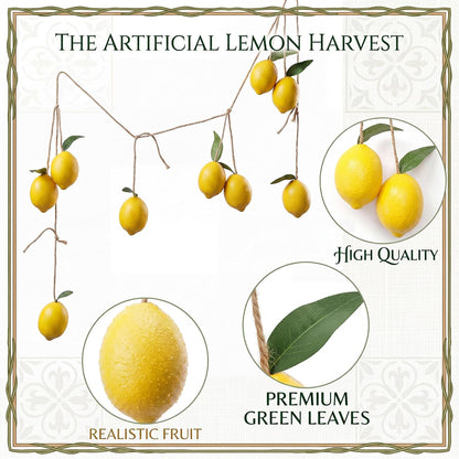 2 Pcs Artificial Lemon Garland Yellow Lemon Hanging Banners Faux Vivid Fruit Vine with Greenery for Spring Summer Wedding Party Door Wall Garden Table Decor Supplies (Yellow)